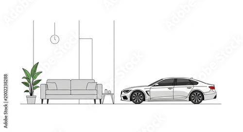 Modern Sedan Parked Indoors Next to Sofa and Plant.