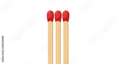 Three Red Tipped Matches Lined Up Isolated on White Background.