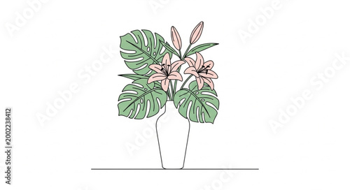 Tropical Flower Arrangement Illustration with Large Leaves.