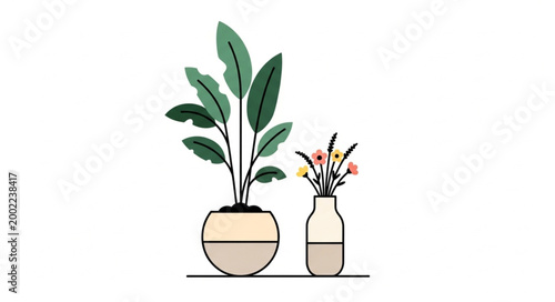 Two potted plants with green leaves and a vase of flowers.