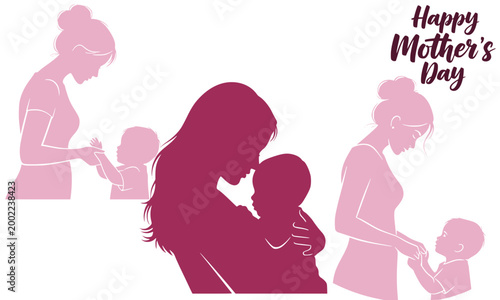 Happy Mother's Day greeting card with three pink silhouettes of mothers caring for children in tender poses, elegant script text on white background celebrating maternal love