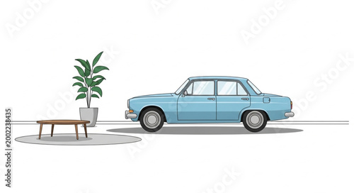 Vintage Blue Sedan Car with Potted Plant and Table.