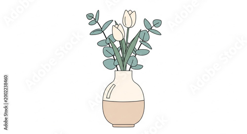 White Roses in a Ceramic Vase with Green Leaves.