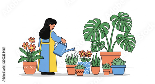 Woman watering houseplants in a bright indoor setting.