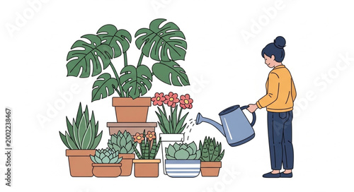 Woman watering potted houseplants with watering can.
