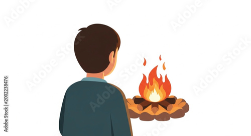 Young Boy Gazing at a Crackling Campfire Outdoors.