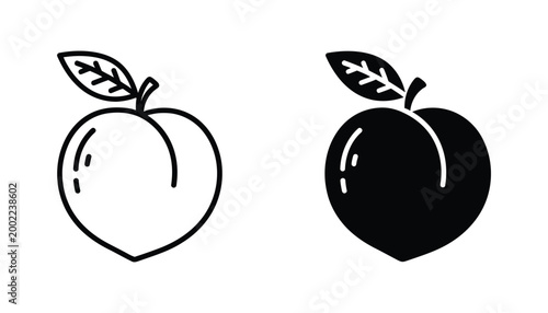Canvastavla Fresh peach fruit icon with detailed leaf stem and organic silhouette in both ou