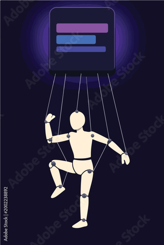 Algorithm Control Concept with Puppet Strings Guiding Human from Giant Smartphone Above Symbolizing Social Media Influence and Digital Manipulation Illustration