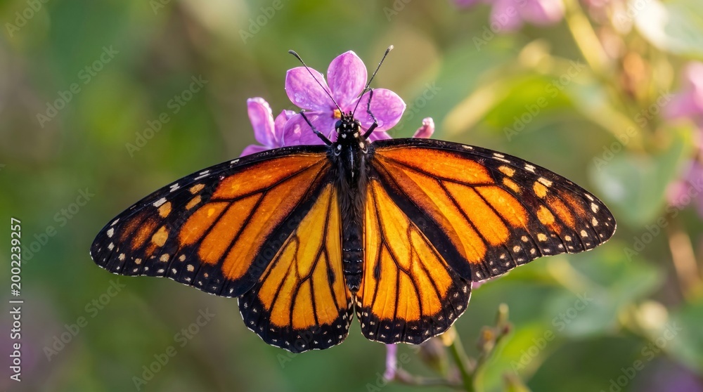 Obraz premium Monarch butterfly perched on pink flower in garden
