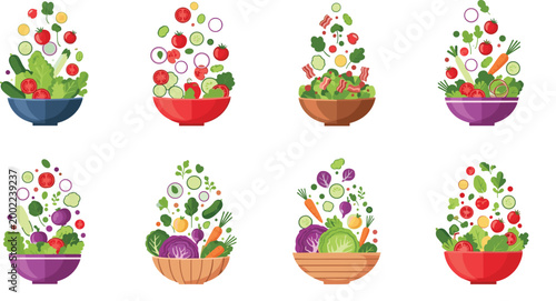 Fresh Healthy Salad Bowl Set with Mixed Vegetables Greens Tomatoes Cucumbers and Organic Food Vector Collection