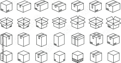 Cardboard Box Packaging Icon Set with Open Closed Shipping Carton Parcel Package Outline Collection Vector Illustration