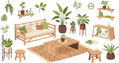 Eco Living Room Furniture Collection with Wooden Sofa Table Shelves and Indoor Plants Vector Set