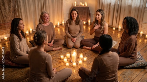 Women sitting in circle during candlelit meditation and wellness session