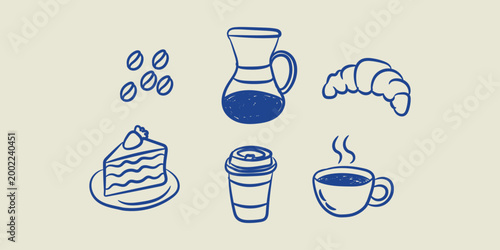 Coffee and bakery breakfast doodle icon set hand drawn vector illustration pastry dessert drink collection outline style