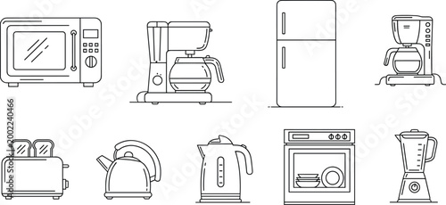 Kitchen Appliance Outline Collection with Microwave Coffee Maker Refrigerator Toaster and Blender Line Vector Set