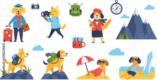 Cute Dog Travel Vacation Collection with Tourist Hiking Beach Adventure and Holiday Cartoon Puppy Vector Set