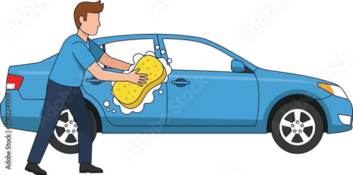 Man washes the side of a blue car using a yellow sponge with soapy bubbles.