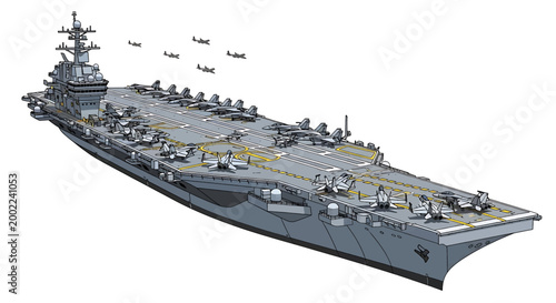Illustration of a modern aircraft carrier with fighter jets on the flight deck