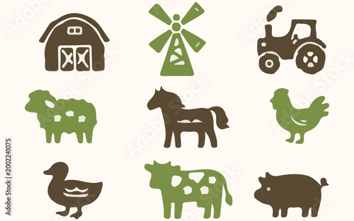 cute flat silhouette farm icon set with barn windmill tractor sheep horse chicken duck cow and pig in olive green and brown two tone style