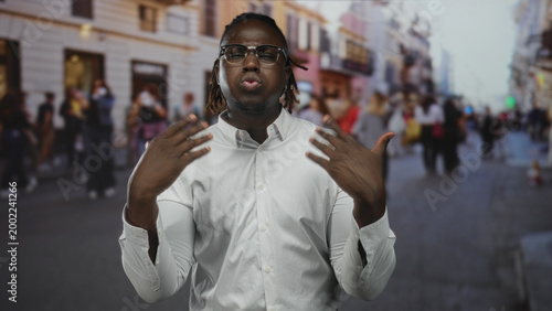 Bild auf Leinwand Man gesturing with hands and touching temple on a busy city street, wearing white shirt and glasses; passionate speech
