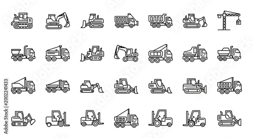 Collection of heavy machinery and construction vehicle icons.
