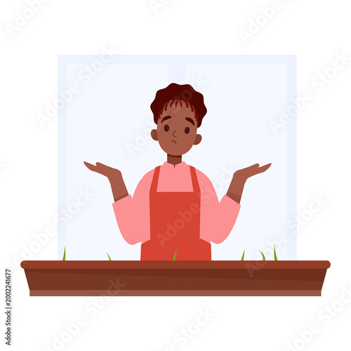 Confused Gardener Shrugging with Indoor Plant on balcony