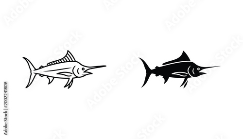 Marlin fish marine animal line and glyph icon set for fishing and ocean life
