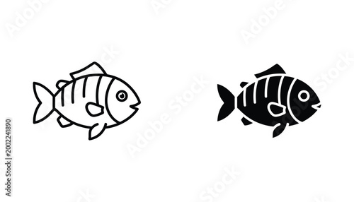 Fish silhouette and outline vector icon set representing marine life and seafood for educational or commercial design projects