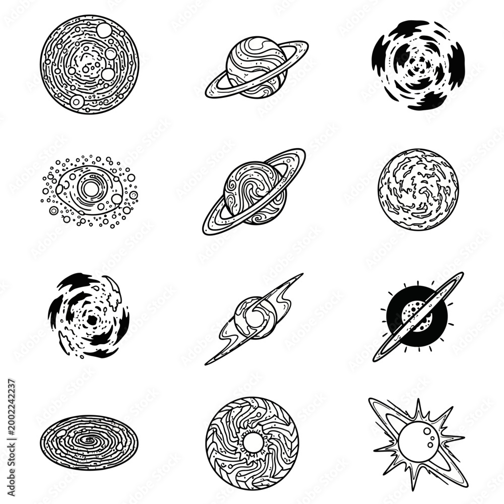 Obraz premium Hand Drawn Space and Planet Icons Set