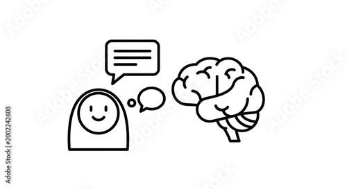 Brain icon displays alongside a digital avatar head featuring a speech bubble to represent the complex integration of artificial intelligence systems within modern cognitive computing and neural.