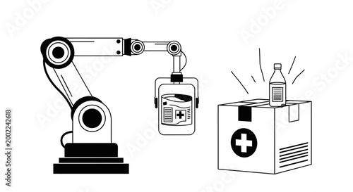 Robotic arm operates within an industrial automated production facility to package medical pharmaceutical supplies into a sealed cardboard carton box for global distribution to hospitals.