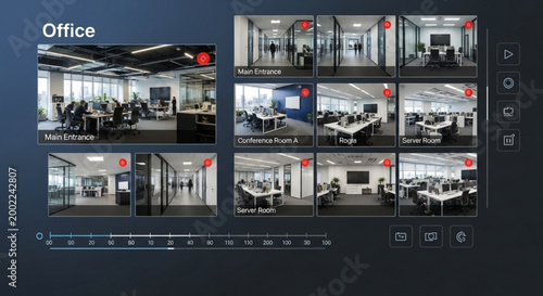 Foto Surveillance System Interface Displaying Multiple Modern Office Camera Feeds on