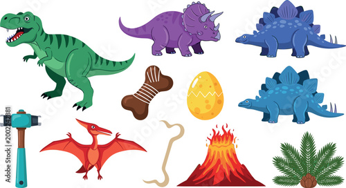 Vector Illustration of Dinosaurs, Fossils, and Volcanic Symbols for Prehistoric, Nature, and Educational Designs