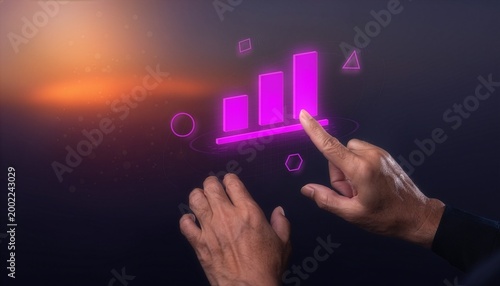 Financial Data Visualization with Hands Interacting on a Glowing Digital Bar Chart Interface, Dark Background and Copy Space