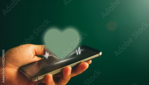 Digital Health App on Smartphone with Glowing Heartbeat Line, Dark Green Background, Copy Space