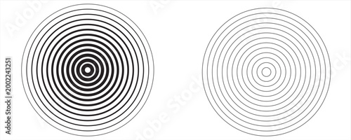 Black concentric circle set. Sonar or sound wave ring collection. Dotted and linear epicentre, target, radar icon concept. Ripple radial signal or vibration elements. Vector line and halftone symbols