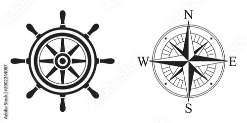 Nautical Symbols Vector Illustration, ship wheel compass rose maritime navigation concept, travel sea exploration design element, modern flat UI icon set