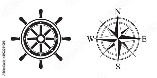 Nautical Symbols Vector Illustration, sailing navigation symbols set, compass and helm wheel maritime theme, travel ocean adventure UI design