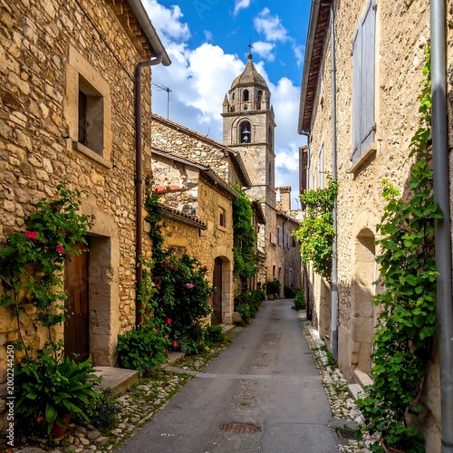 Ancient stone street, bell tower, and climbing vines in a village