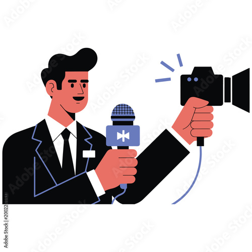 Professional news reporter holding a microphone and a camera