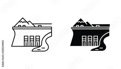 Hydroelectric dam icon set in outline and solid styles for renewable energy climate change awareness or environmental infrastructure branding isolated on white background