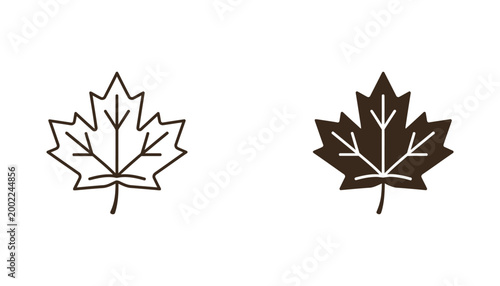 Maple leaf icon set in outline and solid styles for autumn season branding Canadian heritage themes or nature-focused graphic design projects isolated on white background