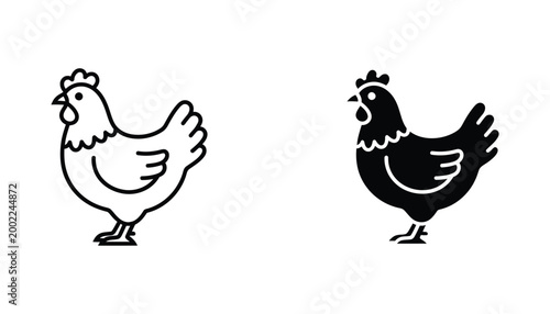 Domestic chicken farm animal icon in outline and solid styles for agricultural and poultry branding