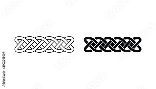 Celtic knot border pattern icon set featuring intricate woven designs in linear and solid black vector silhouettes for historical graphics