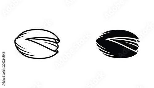 Pistachio nut icon set featuring a cracked open shell for food and culinary branding in linear and solid black vector styles