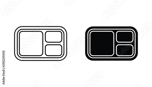 Bento box lunch container icon set featuring outline and filled black glyph styles for food delivery and meal prep applications