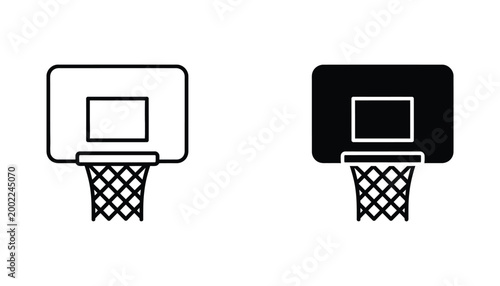 Basketball hoop and backboard icon set with outline and solid black silhouette styles for sports apps and athletic website interfaces