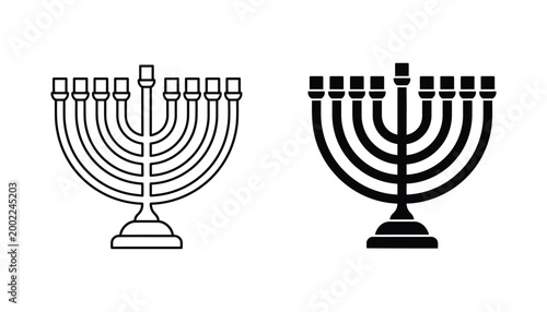 Menorah ritual candelabra vector icon set featuring nine branches in outline and solid black silhouette for Hanukkah and Jewish culture design projects