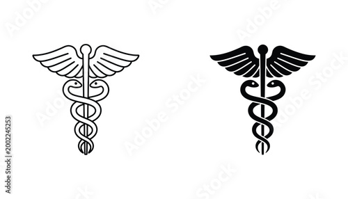 Medical caduceus symbol icon set in outline and solid vector style for healthcare branding and design
