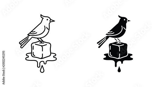 Bird on ice cube melting icon set in outline and solid vector style for climate change illustration